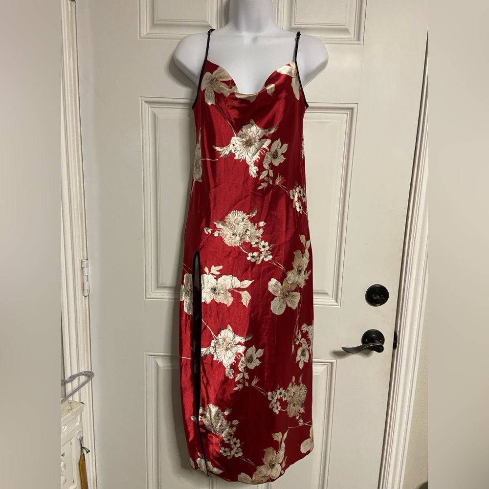T24a- ORIENTAL Floral Red-White Spaghetti Cowl Neck Midi Nightgown